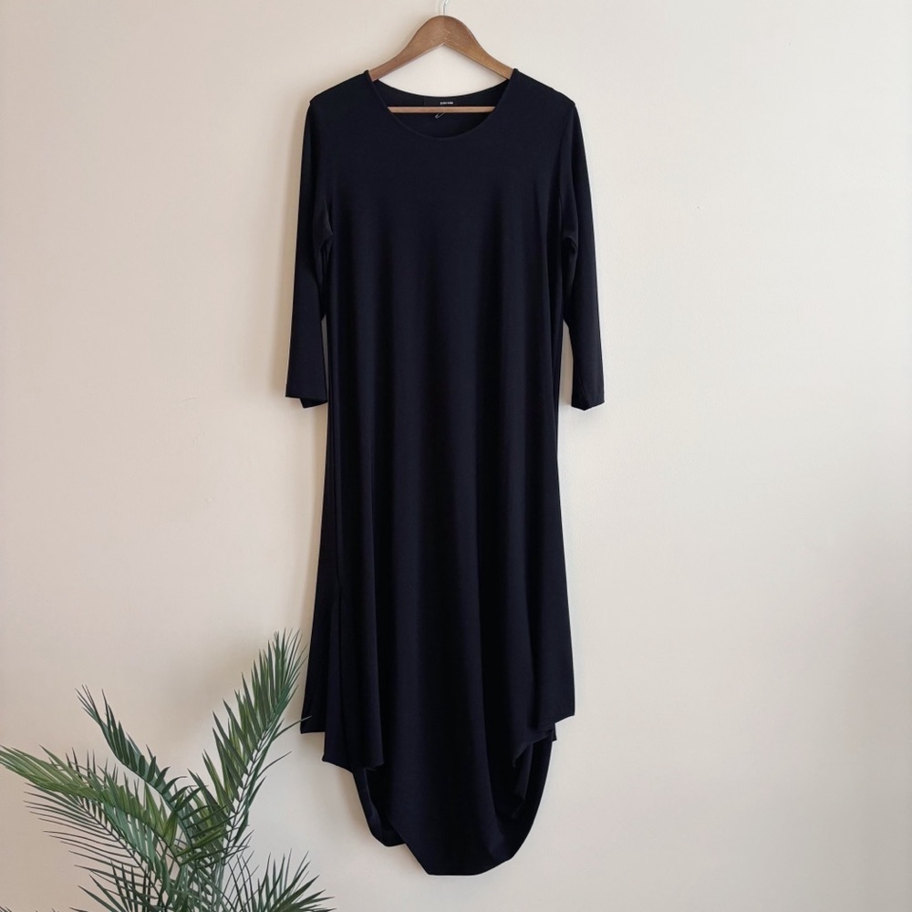Sun Kim Black Jersey Asymmetrical Midi Dress XL Lagenlook Minimalist
